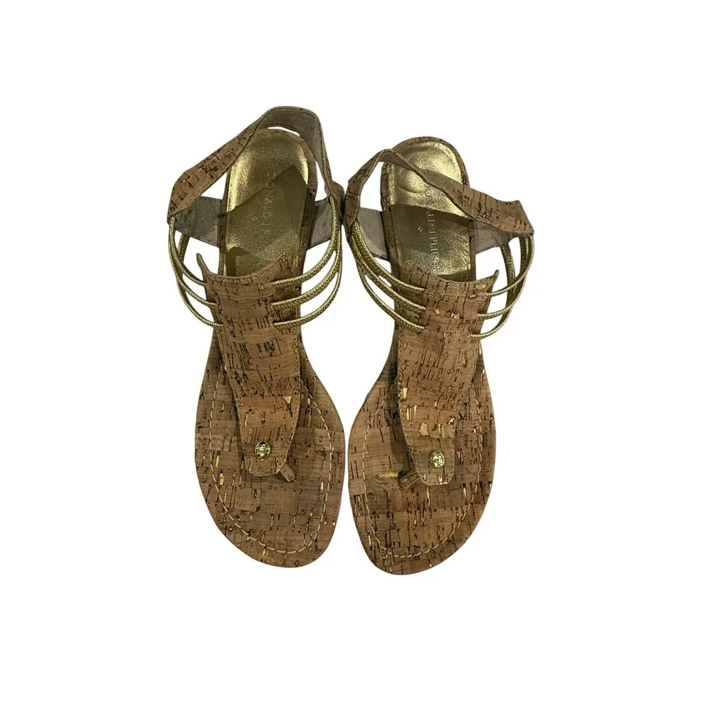 Donald Pilner Vensa Cork Wedge Sandal With Gold Lame Accent 9.5